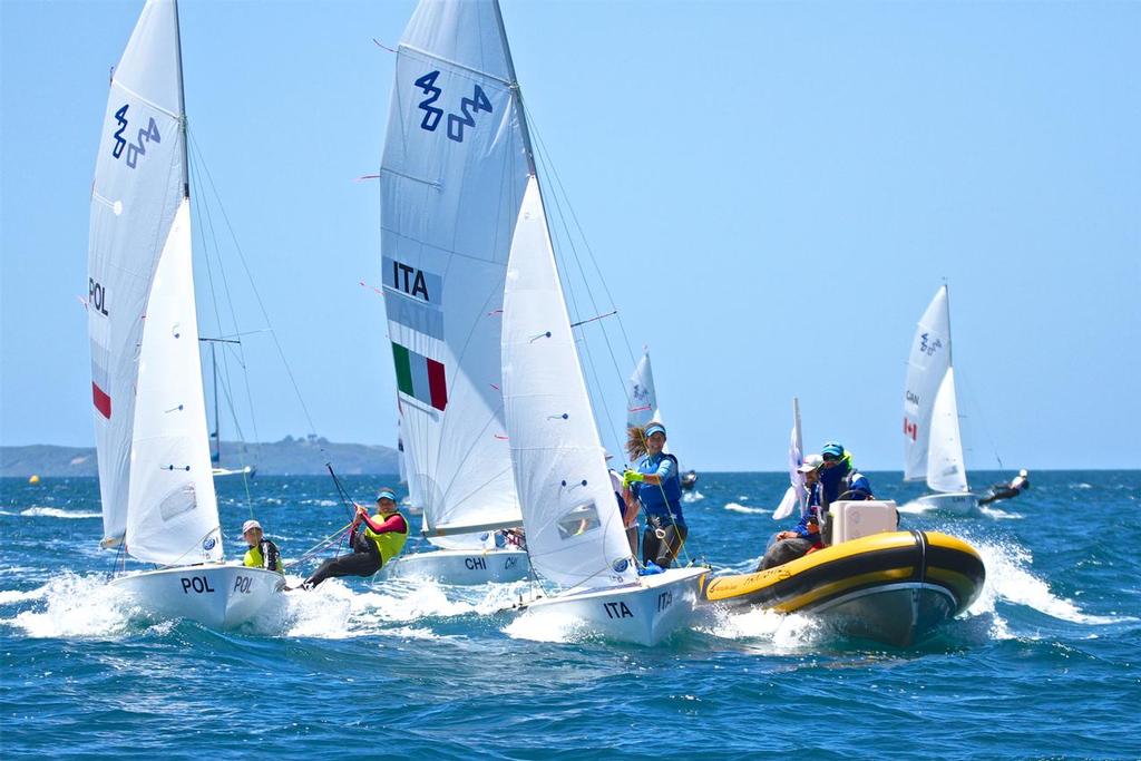 Silver Medallists (ITA) return with Gold medalists (POL)  Girls 420 - Aon Youth Worlds 2016, Torbay, Auckland, New Zealand, Day 5, December 19, 2016 © Richard Gladwell www.photosport.co.nz